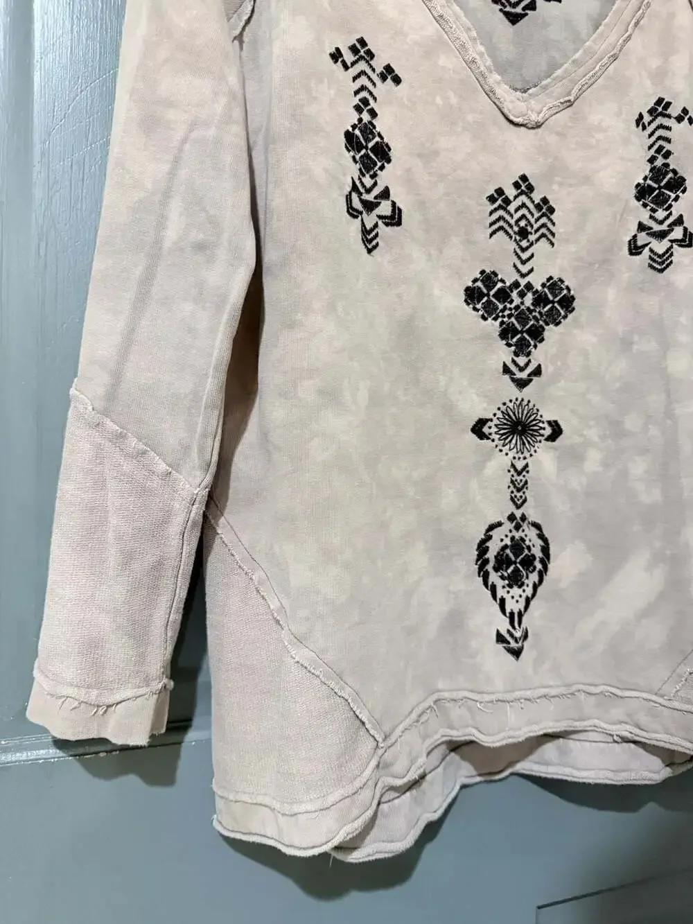 Free People Embroidered V-Neck Raw Hem Tie-Dye Pullover